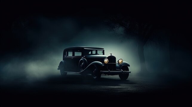 Selective focus on dark background showcasing a vintage car silhouette with glowing lights in low light