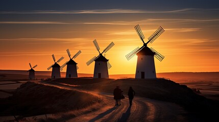 La Mancha Spain s windmills. silhouette concept