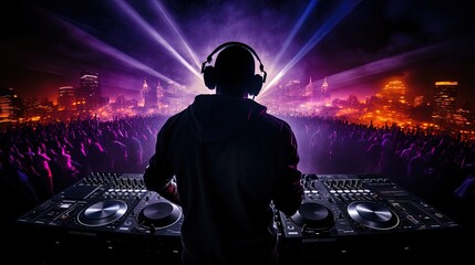 Night club DJ wearing headphones under party lights showcasing the nightout theme. silhouette...