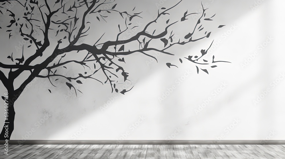 Aufkleber Shadow of leaves on tree branch and trunk pattern on white concrete wall black and white nature shadow art on wall. silhouette concept
