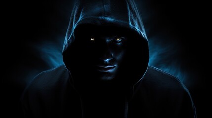A frightening figure wearing a hood with sinister eyes and an empty face looking towards the camera. silhouette concept