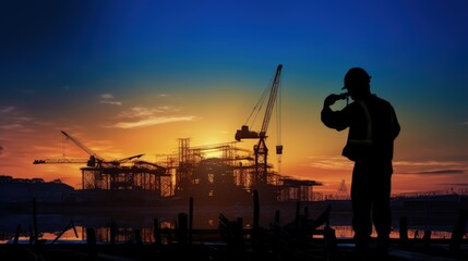 Inspector working at construction during twilight creating a silhouette