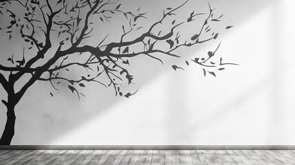 Shadow of leaves on tree branch and trunk pattern on white concrete wall black and white nature shadow art on wall. silhouette concept