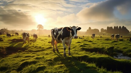 Dairy cows in rural Ireland grazing at sunrise in a misty meadow. silhouette concept