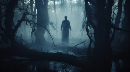 Eerie ghost in horrifying wooded scenery. silhouette concept