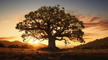 Obraz premium Sunset over ancient oak. silhouette concept