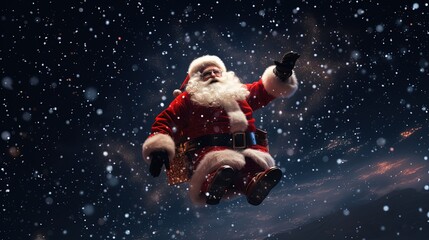 Obraz na płótnie Canvas Santa Claus flies in the night sky on Christmas Eve with snow. silhouette concept