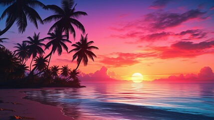 Gorgeous tropical sunset over beach with palm tree silhouettes Perfect for summer travel and vacation - obrazy, fototapety, plakaty