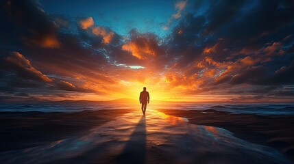 Fototapeta premium A solitary person strolling during dawn. silhouette concept