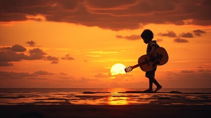 Asian boy with guitar enjoying summer sunset chasing musician dreams. silhouette concept