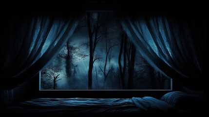 Halloween night eerie window with blue curtain empty space for copy. silhouette concept