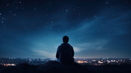 Man observing the night sky after sunset. silhouette concept