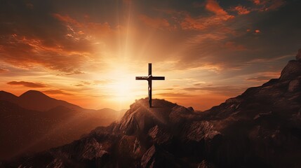 Jesus Christ crucified on a mountaintop at sunset serves as an abstract symbol. silhouette concept