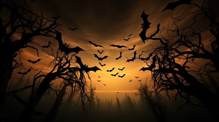 Halloween motifs group of bats perched on a tree. silhouette concept