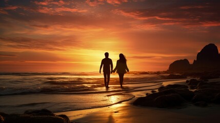 Silhouetted young couple against sunset in a coastal landscape