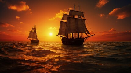 Fototapeta premium Two boats cruising at sunset. silhouette concept