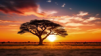 Sunset on African plains with acacia tree Kalahari desert South Africa. silhouette concept - obrazy, fototapety, plakaty