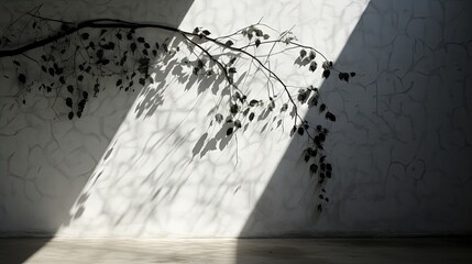 Fototapeta premium Gray walls with indistinct leaf and vine shadows. silhouette concept
