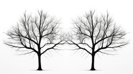 Photo of black twin trees with no leaves against a white backdrop. silhouette concept