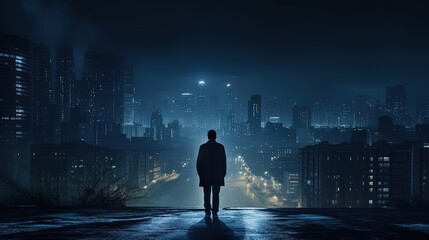 man alone in city at night. silhouette concept