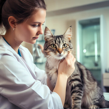Tabby cat with female vet get examined in doctors office