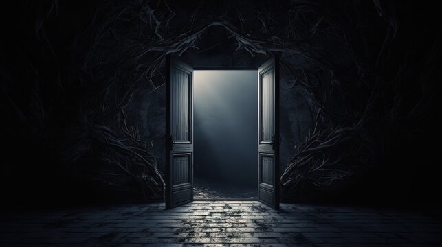 Halloween themed room with an open door in darkness. silhouette concept