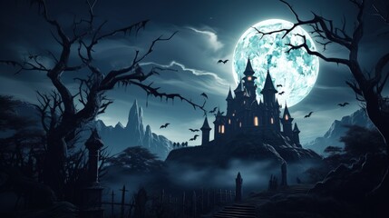 Fototapeta premium Ghost walking to haunted castle ruins under full moon creating a chilling Halloween scene. silhouette concept