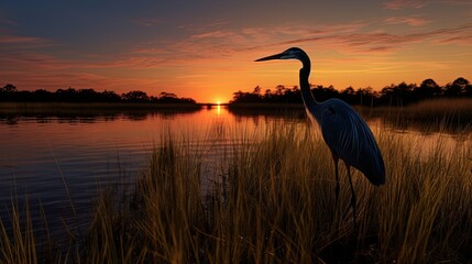 Blue heron silhouette photographed at the Maryland Blackwater Wildlife Refuge at sunset