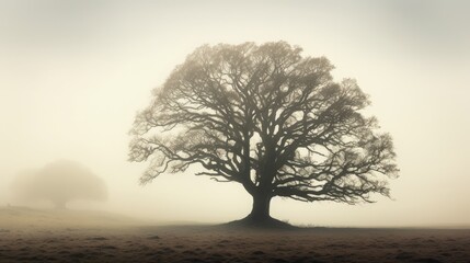 Foggy day silhouette of an ancient oak tree - obrazy, fototapety, plakaty