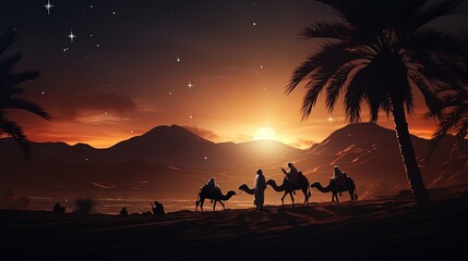 Evening desert nativity scene during Christmas. silhouette concept