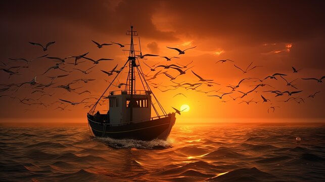 Birds flying over a shrimp fishing boat at sunset in the open sea. silhouette concept