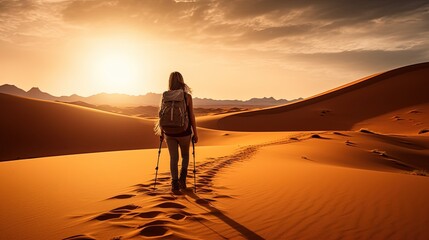 Fototapeta na wymiar Woman walking through arid desert wanderlust adventure in Namibia. silhouette concept