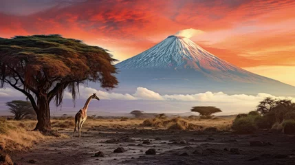 Küchenrückwand glas motiv Kilimandscharo Giraffe silhouette in vibrant African landscape near Kilimanjaro volcano Amboseli national park Kenya Wildlife photography in Kenya African morning atmosphere