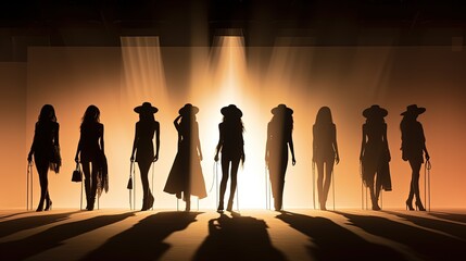 Models showcasing fashion on a runway during a show or week dedicated to fashion. silhouette concept