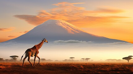 Giraffe silhouette in vibrant African landscape near Kilimanjaro volcano Amboseli national park Kenya Wildlife photography in Kenya African morning atmosphere - obrazy, fototapety, plakaty