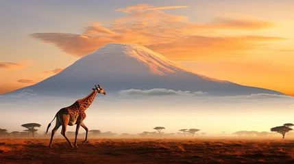 Küchenrückwand glas motiv Kilimandscharo Giraffe silhouette in vibrant African landscape near Kilimanjaro volcano Amboseli national park Kenya Wildlife photography in Kenya African morning atmosphere