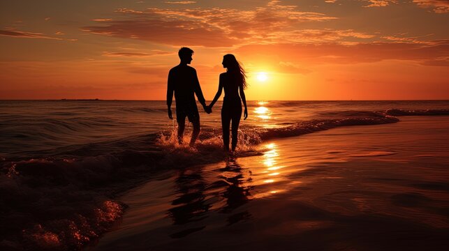 Silhouetted couple at sea during sunset