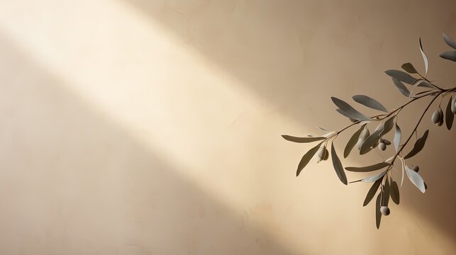 Fototapeta Neutral pastel beige wall adorned with olive tree branches. silhouette concept