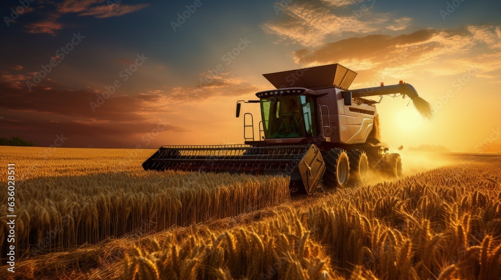 Poster Using a combine harvester to gather wheat in a field during a summer sunset and transferring it to a tractor. silhouette concept