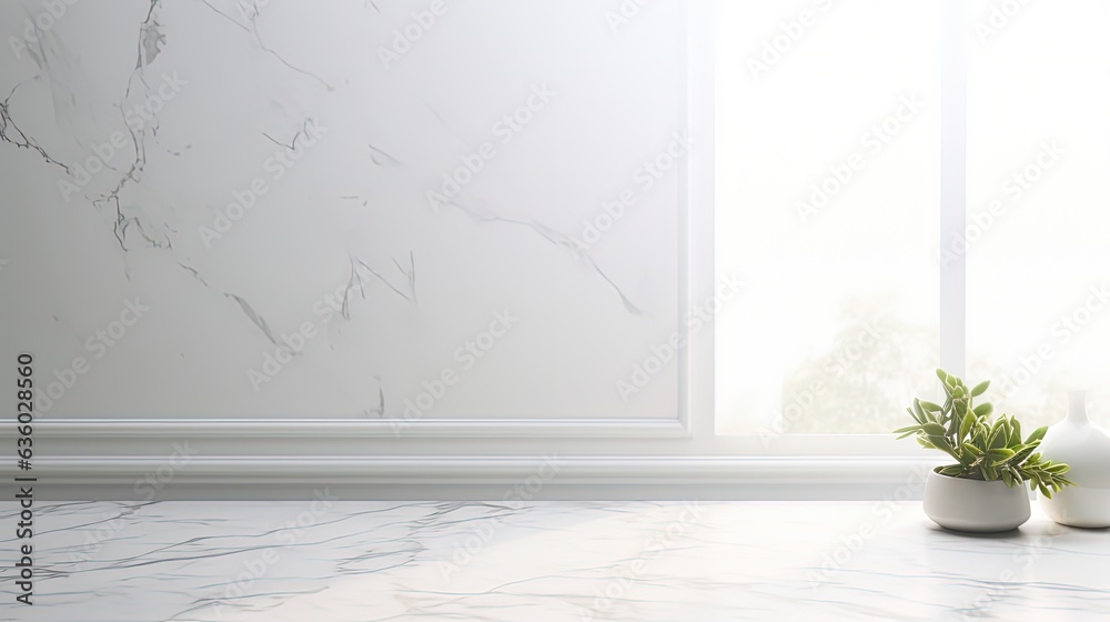 Poster Mockup product display with marble table white wall background and window shadow drop. silhouette concept