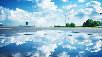 Reflection of blue sky and white clouds on water puddle surface on grey city road after rain. silhouette concept