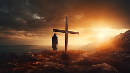 Jesus Christ crucified on a mountaintop at sunset serves as an abstract symbol. silhouette concept