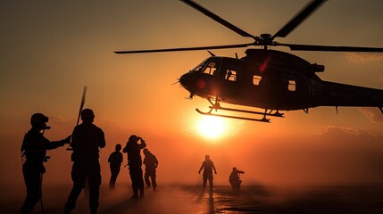 Fototapeta na wymiar AirForce showcases rescue demonstrations during Bulgarian air show lifeguard on helicopter with stretcher ready to descend. silhouette concept