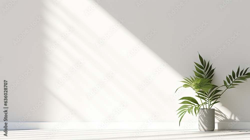 Poster Simple white wall with blurred foliage shadow on light background Perfect backdrop for a presentation on a sleek floor. silhouette concept