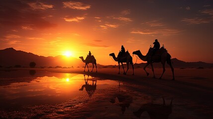Riders on camels during sunset. silhouette concept