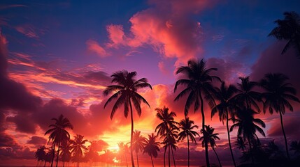 Palm tree shadows at sunset with stunning fiery clouds in the backdrop. silhouette concept
