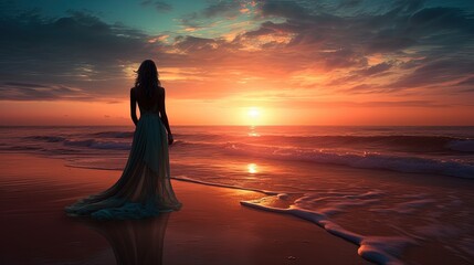 Fototapeta na wymiar Solitary woman observing sunset on beach. silhouette concept