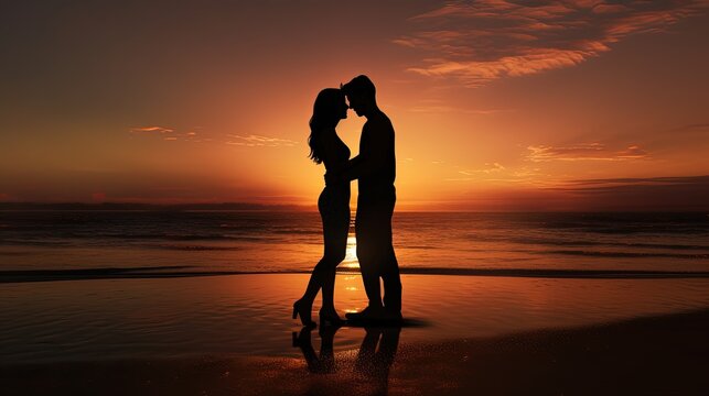 Young couple passionately kissing on a deserted shoreline. silhouette concept