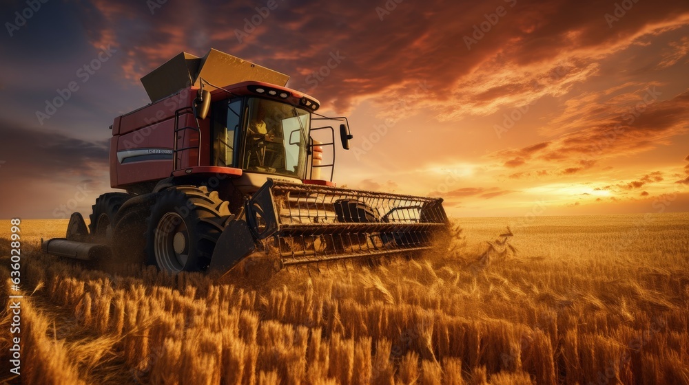 Poster Using a combine harvester to gather wheat in a field during a summer sunset and transferring it to a tractor. silhouette concept