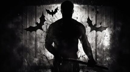 Halloween portrait shows bat wielding dangerous man behind frosted glass. silhouette concept